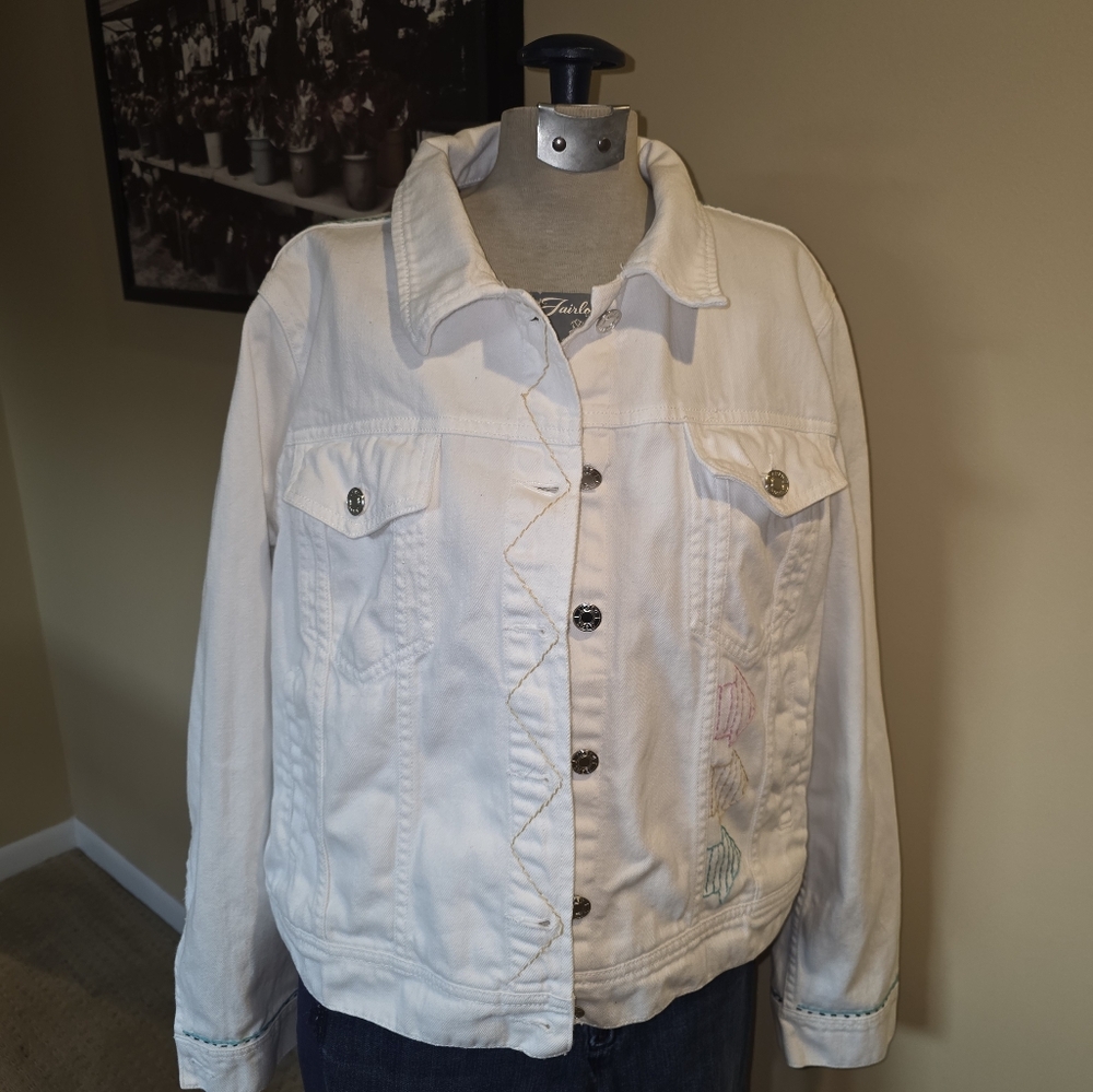 HAND CRAFTED Jacket UPCYCLED White Denim Embroidered BLINK 182 Tee Size XXL - Picture 3 of 11